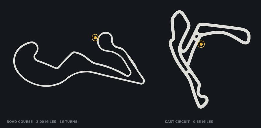 The two AMP circuits, the two-mile road course and the kart circuit, with Circuit Villa 29 marked on each